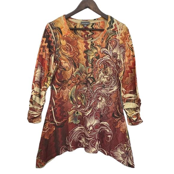 Roz & Ali Tunic Top Women Size M Multicolor Boho‎ Sharkbite Hem Studded - Picture 1 of 12